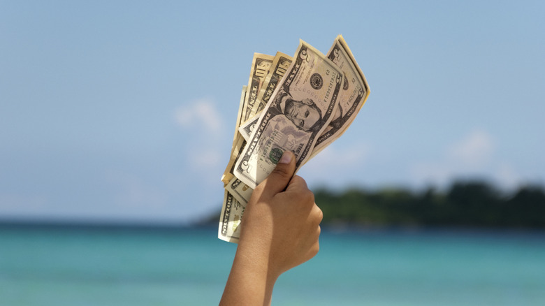 Holding up cash saved on a vacation.