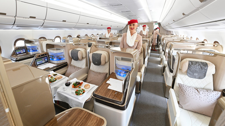 A business-class seating and meal on an Emirates A350 flight