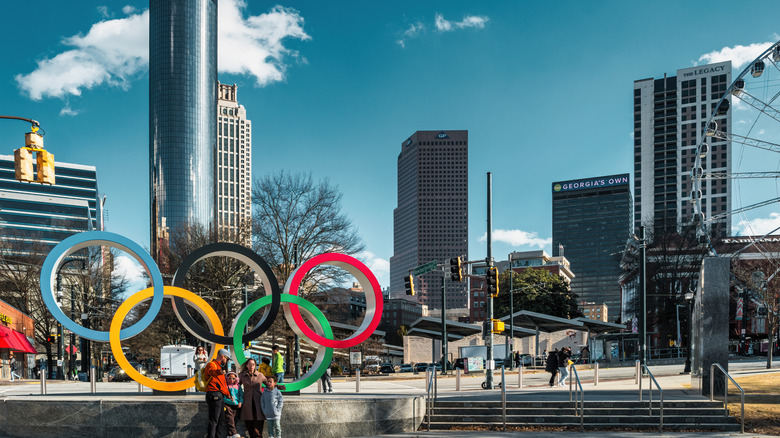 Family taking pictures in downtown Atlanta