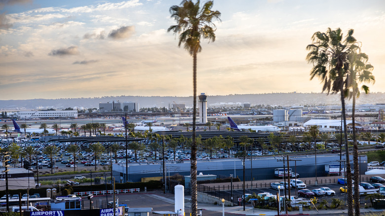 The San Diego International Airport seen from above during sunset