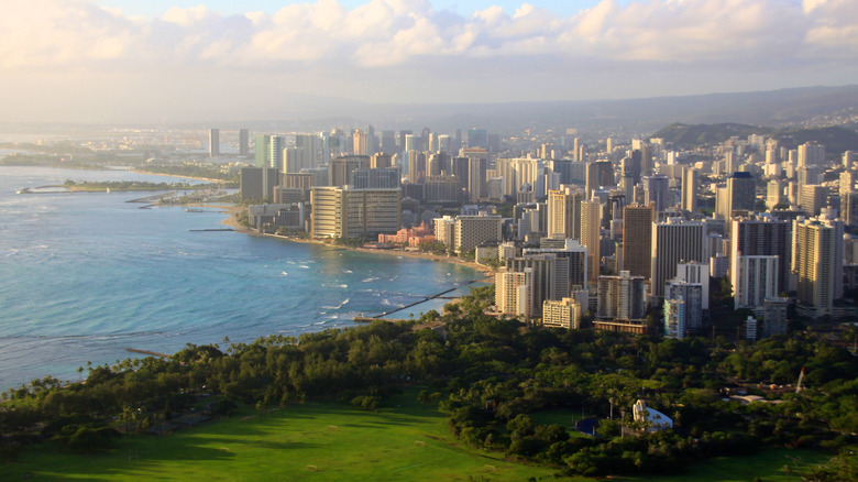 Looking out over Honolulu skyline and beach from Diamond Head Trail