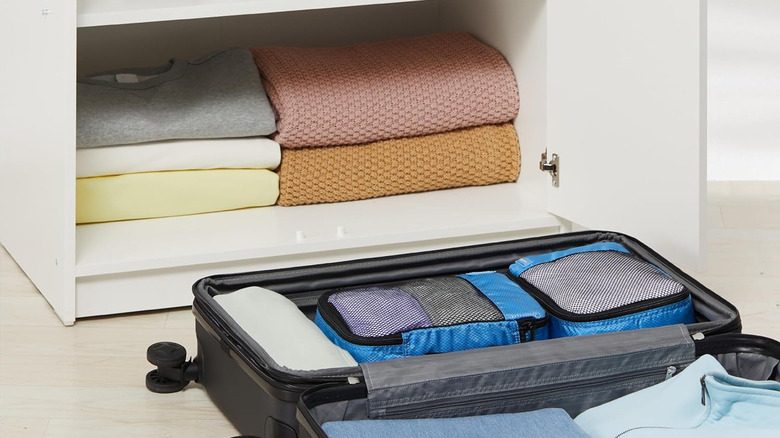 Amazon Basics packing cubes packed in a suitcase.