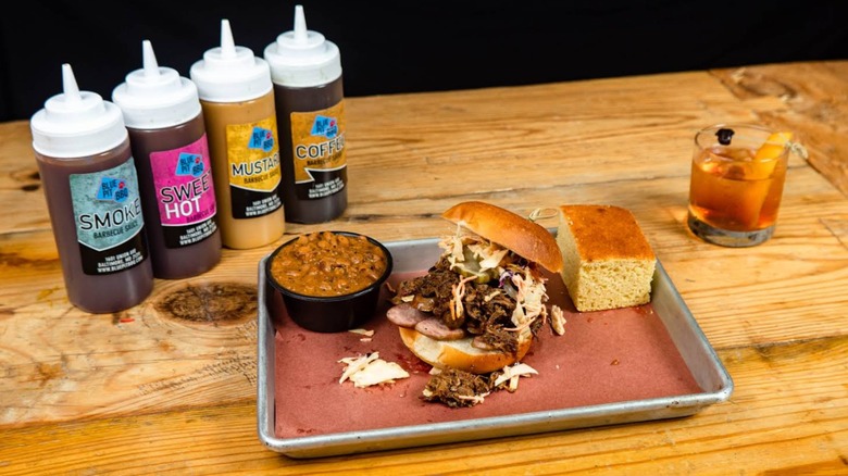 BBQ sandwich at Blue Pitt BBQ in Baltimore with different sauces