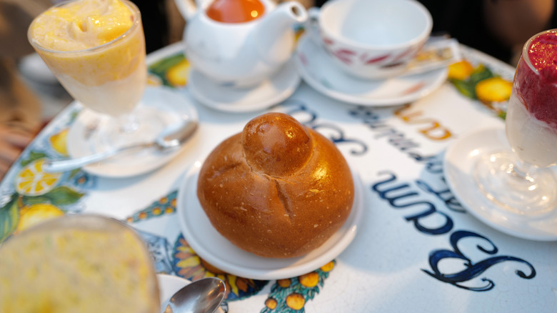 Close up of brioche and granita at Bam Bar in Taormina, Sicily