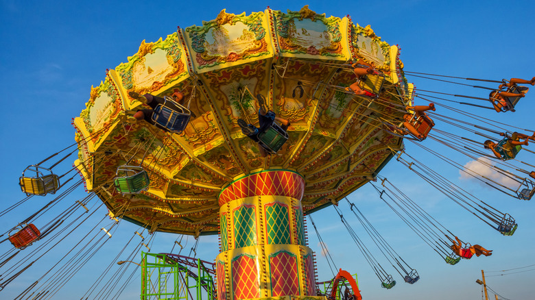 Colorful swing ride viewed from below, Keansburg Amusement Park