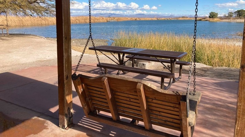 A porch swing at Roper Lake