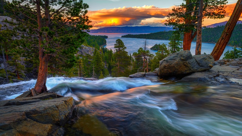 Waterfalls and view of Emerald Bay at sunset, Lake Tahoe, California