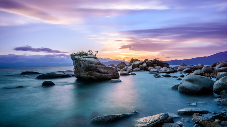 Rocky shores of Lake Tahoe, California, at sunset