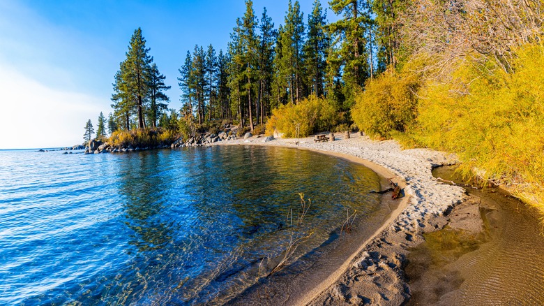 Beach at Zephyr Cove, Lake Tahoe, at sunset, in the fall
