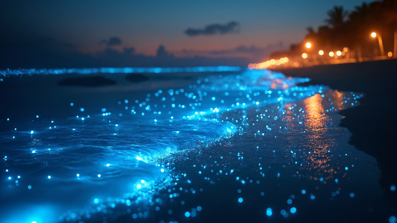 Close-up of bioluminescence of planktons in sea water