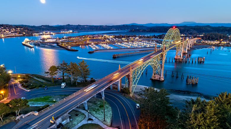 Nighttime view of bridge over Yaquina Bay