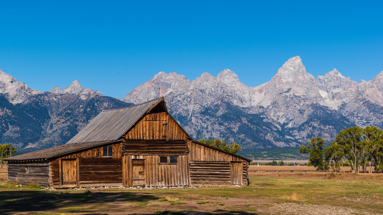 Rustic cabin with Rocky Mountains tall in the background