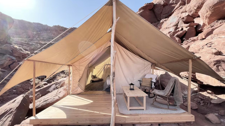 Tent Interior surrounded by red rocks