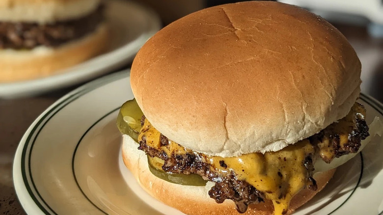 Close-up of cheeseburger from Hudson's Hamburgers