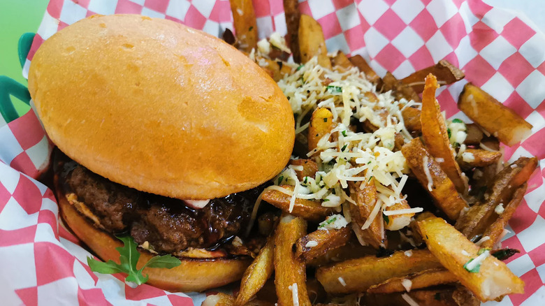 Huckleberry burger and parmesan fries from the Burger Dive