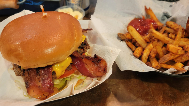 Bacon cheeseburger and fries from Stella's