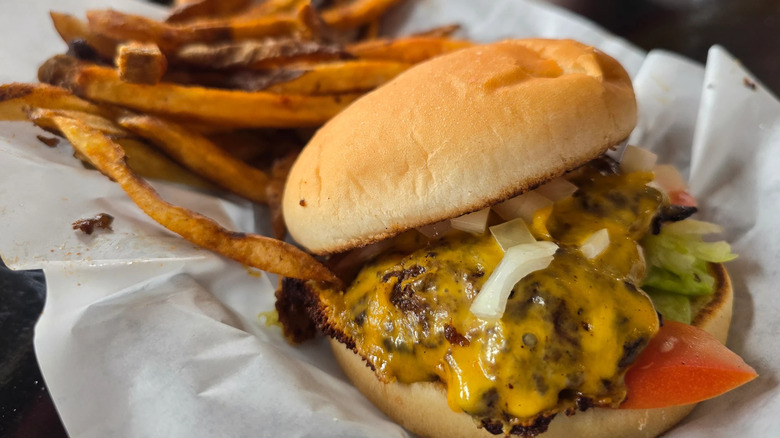 Cheeseburger with lettuce, tomato, onion, and fries from HWY 101