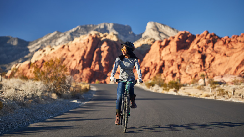 Riding a bicycle through Red Rock Canyon