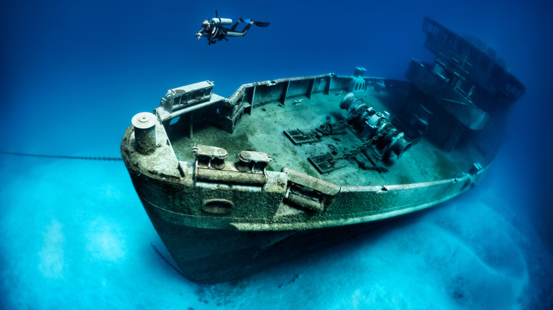 Deep sea diving near shipwreck in the Caymans
