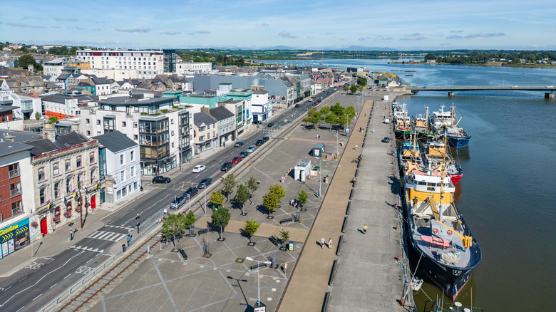 Aerial view of fishing trawlers at the quay.