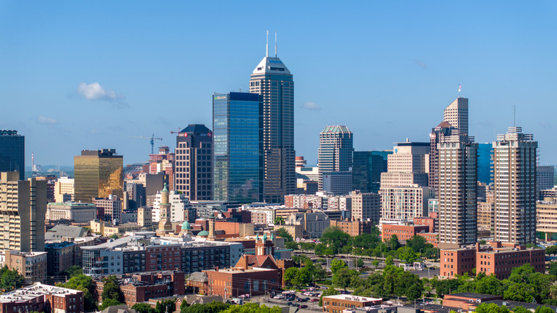 A drone shot of downtown Indianapolis on a sunny day