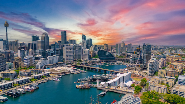 An aerial view of Sydney Harbor beneath wispy clouds in a lilac sky
