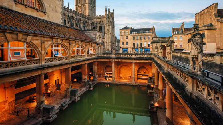 The Roman Baths in Bath, England, at night