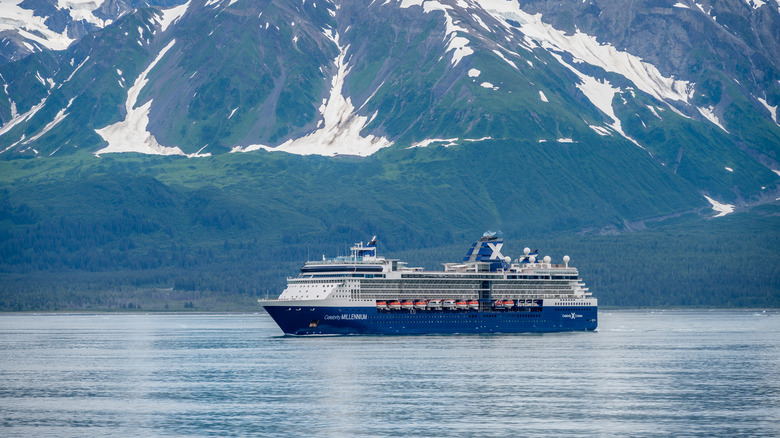 Celebrity Millennium cruise ship sailing away from Hubbard Glacier in Alaska
