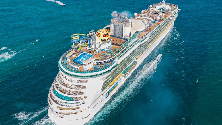 Aerial view of Royal Caribbean ship in open water