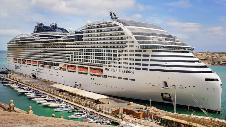 MSC World Europa docked in the Port of Valletta on a sunny day