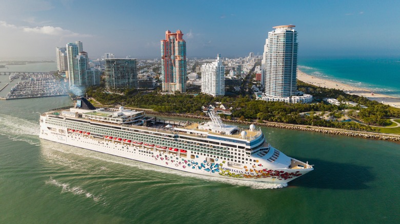 Aerial view of the Norwegian Gem leaving the Port of Miami