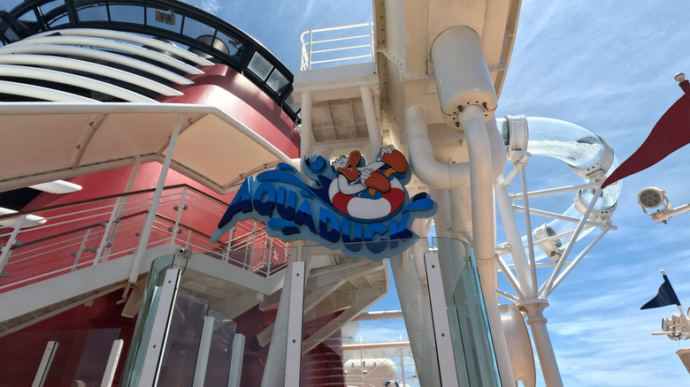 Aquaduck sign in front of the waterslide on a Disney Fantasy cruise ship