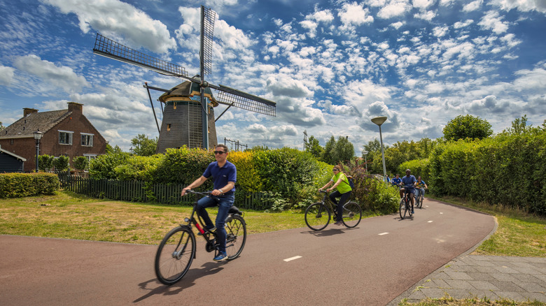 Cyclist on bike path passing a wind mill on a sunny day