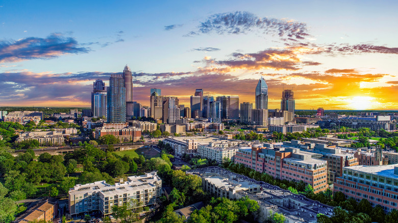 Buildings and trees in the Charlotte skyline in North Carolina