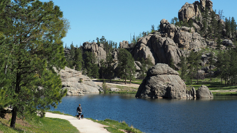 A woman walks two dogs on a path around Sylvan Lake