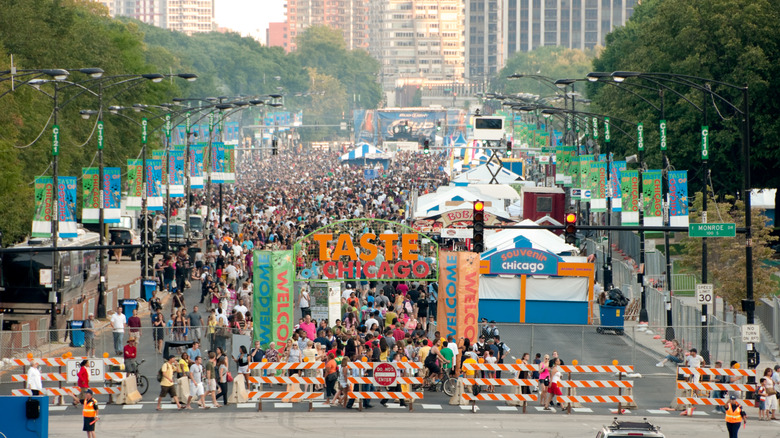 Crowds on a closed off street at Taste of Chicago