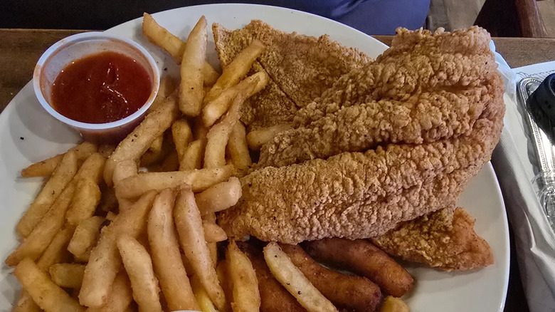 Fried catfish and fries from Fisherman's Wharf Steak & Seafood in Hot Springs, Arkansas