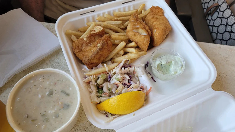 Fried fish served with fries and coleslaw from Point Loma Seafood in San Diego, California