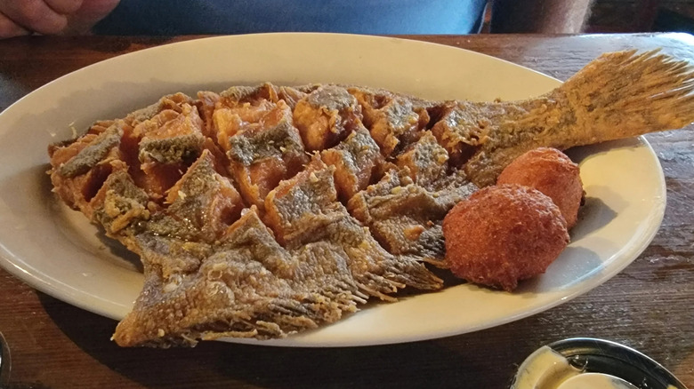 The fried whole fish and hushpuppies at Skippers' Fish Camp in Darien, Georgia