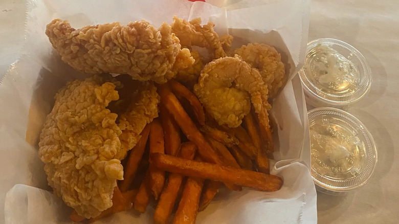 Fried catfish, shrimp, and sweet potato fries from Pier 88 Boiling Seafood & Bar in Las Vegas, Nevada
