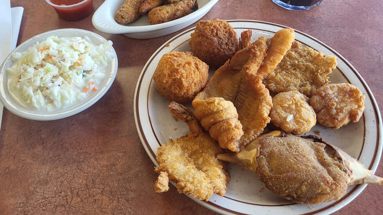 Fried fish with hushpuppies and coleslaw from White River Fish Market & Restaurant in Oklahoma