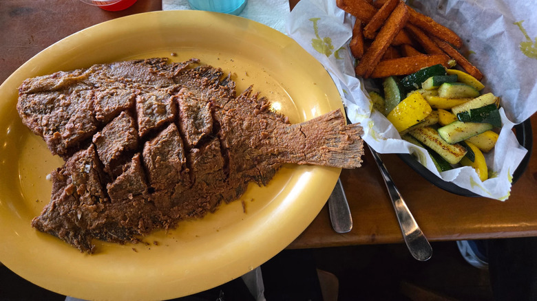 Whole fried flounder and vegetables from Gilligan's Seafood Restaurant in South Carolina