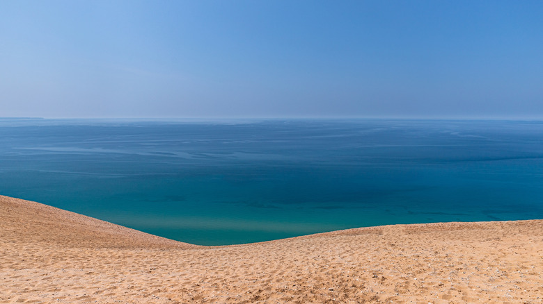 Lake Michigan beach dunes against blue skies