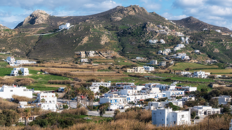 Rural landscape with mountains in background in Naxos, Greece