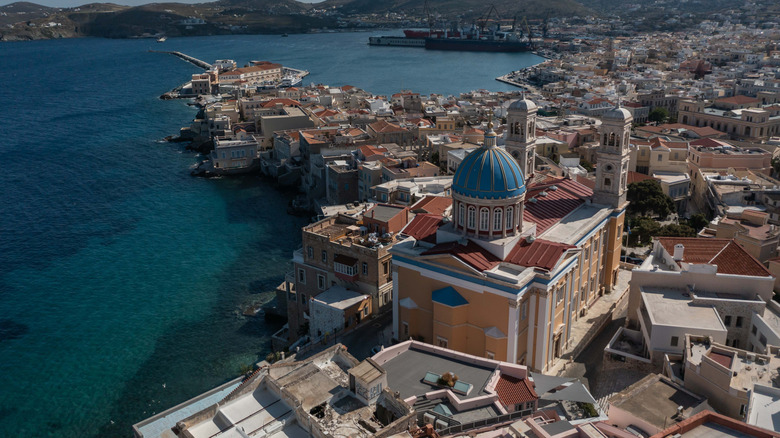 Aerial view of the stunning architecture in Syros, Greece