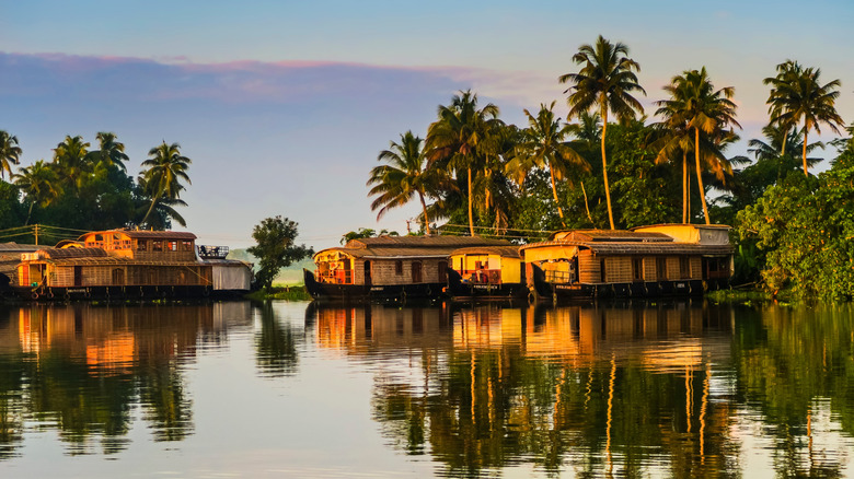 Moored houseboats along the Kerala backwaters in Alappuzha