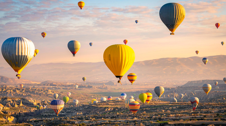 Hot air balloons floating over Cappadocia, Turkey