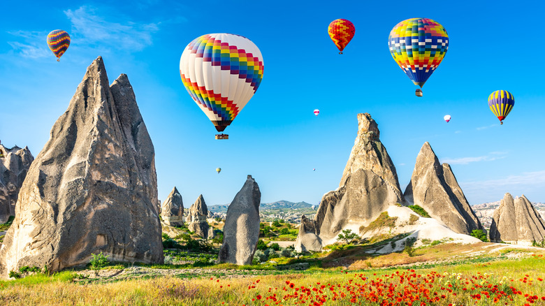 Hot air balloons floating over Cappadocia, Turkey