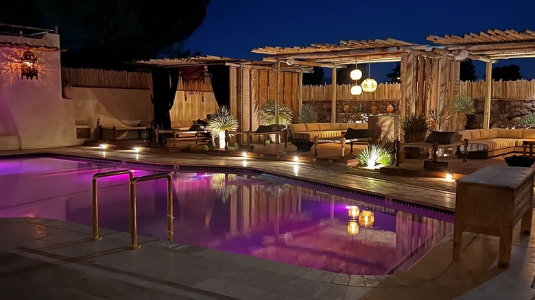 The hot springs pool at Jacumba Hot Springs Hotel at night