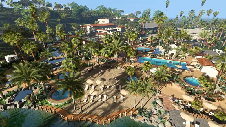 Aerial view of pools and sun chairs at Murrieta Hot Springs